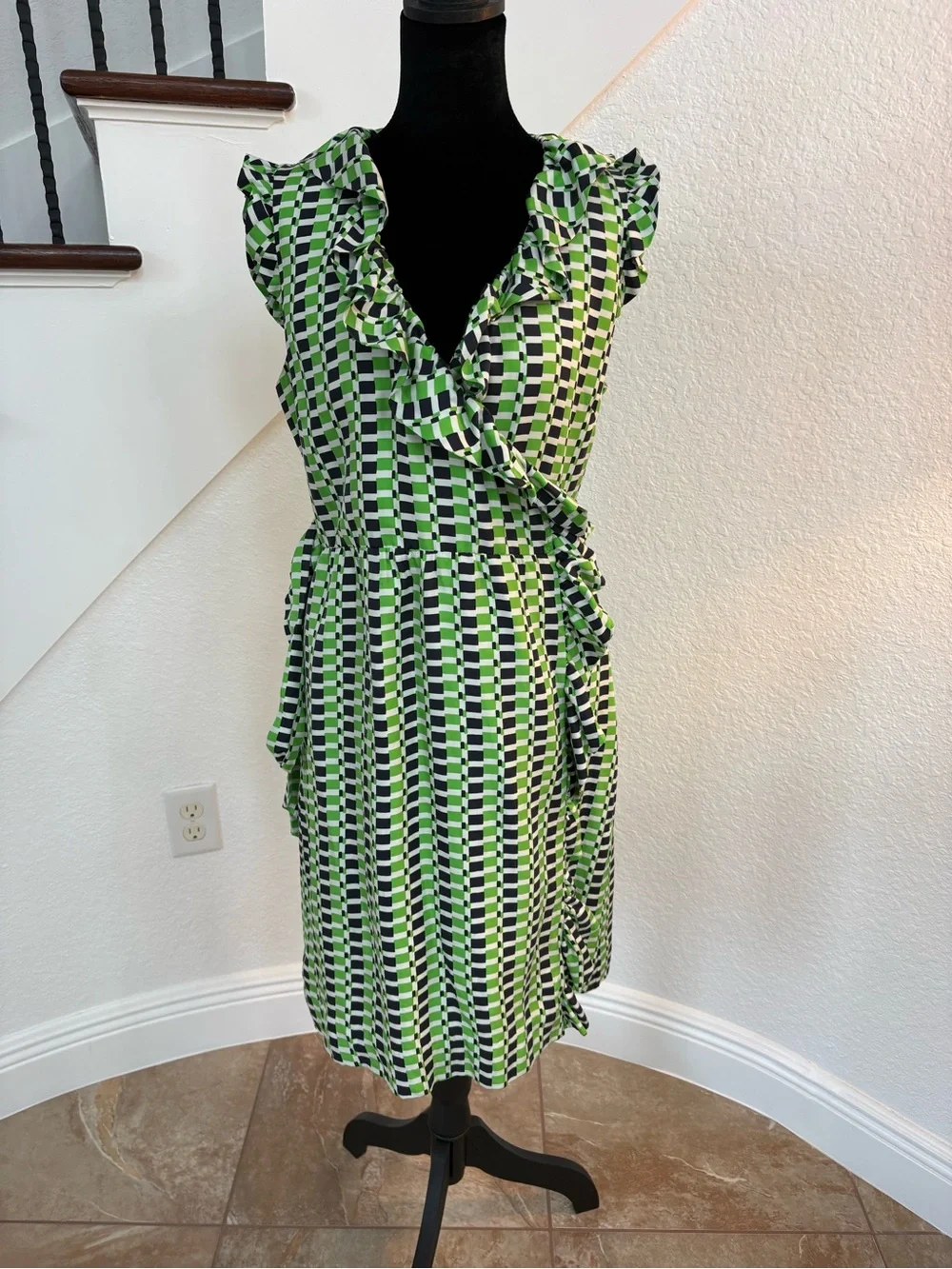 kate spade Green and Black Check Silk Wrap Midi Dress with Ruffle Trim